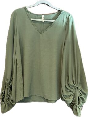 mts Olive Green V-Neck Blouson Sleeve Top